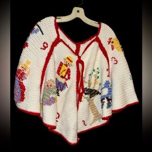 Vintage Handmade Crochet Granny Poncho Wrap Sweater w/numbers,duck,drummer,etc.